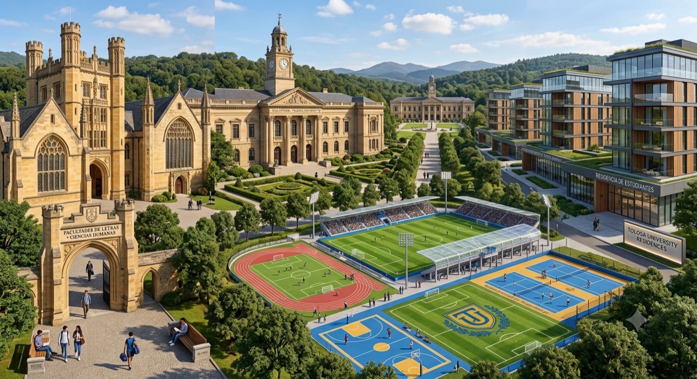 Vista panorámica del campus de Tolosa University: facultades históricas, residencias e instalaciones deportivas